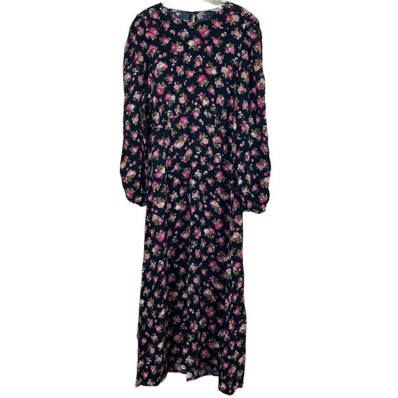 Zara Black Pink Floral Long Sleeve Boho Maxi Dress Size Small - Picture 3 of 11